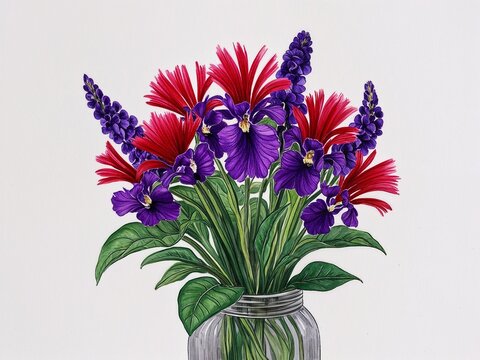 Red and purple African violet bouquet hand drawn painted painting illustration on plain white background