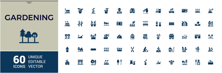Gardening solid icons set. Containing plant, watering can, flower, seeds, shovel, garden tools and more. Minimal filled icon collection. Editable vector illustration. © Rubbble