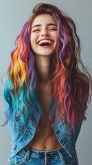Fototapeta premium Portrait of Woman with Colorful Hair and Denim Jacket
