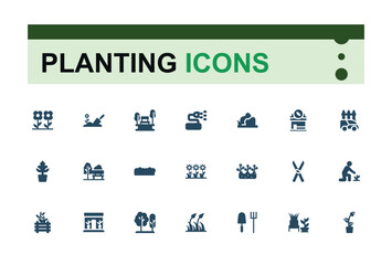 Set of solid garden care icons. Related to shovel, flower, seeds, soil, garden tools, pruning. Filled symbol collection. Editable and pixel perfect sign pack.
