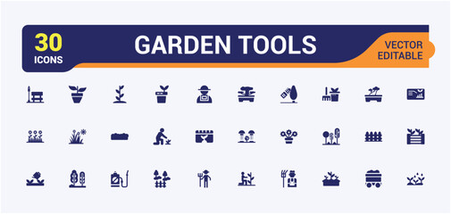 Garden tools filled icons collection. Related to plant, flower, seeds, soil, garden tools, pruning. Minimal solid icon set. Editable and pixel perfect vector illustration.
