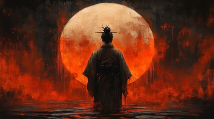 Obraz premium A lone figure in a black robe standing before a large orange moon with a dark and fiery background .