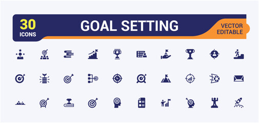 Goal setting filled icon collection. Related to target, achievement, vision, success, motivation, planning, milestone. Minimal solid icon set. Editable and pixel perfect symbol pack.