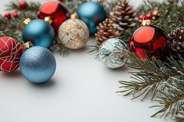 Christmas composition with balls and decorations on white background with generative ai