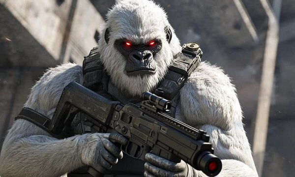 A White Gorilla Soldier Armed with a Rifle