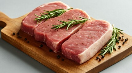 Fototapeta premium Frische rohe Schweinekoteletts mit Rosmarin und Pfeffer auf Holzschneidebrett für die kulinarische Zubereitung