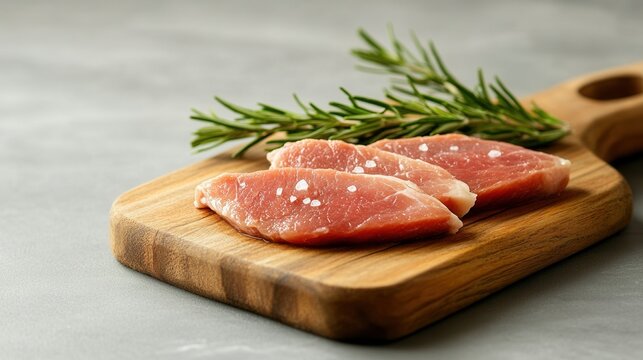 Frisches Schweinefilet auf Holzbrett mit Rosmarin f&uuml;r kulinarische und Speisenpr&auml;sentation