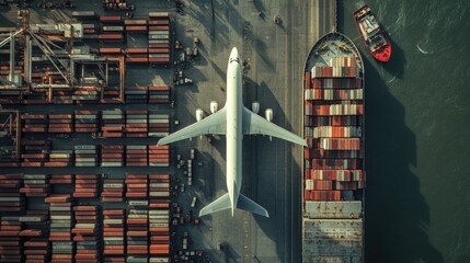 Cargo aircraft and container ship side by side in a busy industrial port, symbolizing integrated global supply chains and efficient logistics
