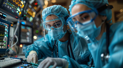 Two female surgeons wearing protective gear performing a surgery in the operating room