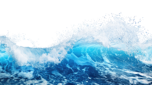Blue ocean wave splashing on the white shore, capturing the power and motion of nature in a summer landscape