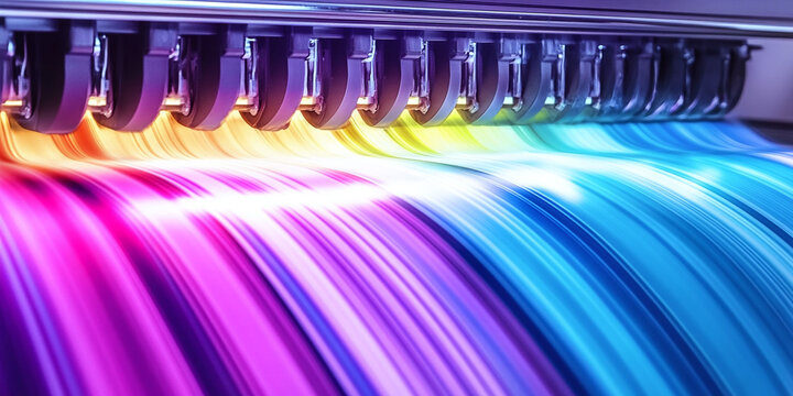 A large-format plotter printing vivid sheets in an office environment, highlighting professional-grade printing technology for photography, design, and technical plans