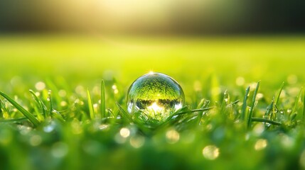 A macro shot of a single dewdrop on grass, reflecting a tiny world, symbolizing nature's serene and delicate beauty