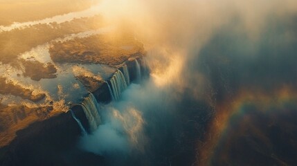 Fototapeta premium Aerial view of Victoria Falls, with rainbow mists rising from the powerful waterfalls during midday.