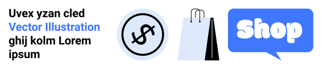 Set of icons including a dollar symbol, shopping bags, and the word shop in a blue speech bubble Ideal for e-commerce, online shopping, retail, business, and marketing themes Landing page