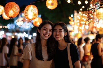 Two friends smile for the camera in a lively night market, surrounded by warm, festive hanging lights and a joyous crowd, capturing a moment of friendship and happiness.
