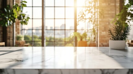 Bright Indoor Space with Marble Surface and Plants