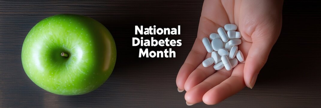 National Diabetes Month Concept Postcard Background, hand holding pills on the other side an apple healthy food, diabetes awareness month