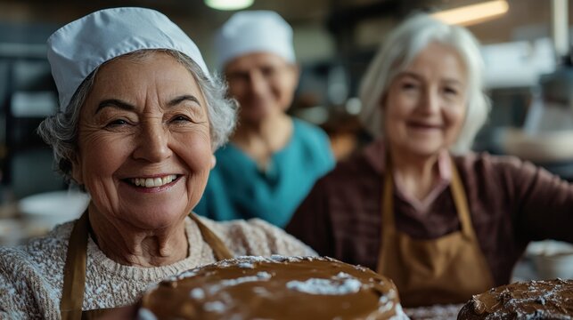 Ältere Frauen genießen einen Backkurs mit frisch gebackenen Kuchen