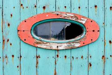 salvaged ship window on reclaimed timber wall, authentic aging