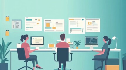 Collaborative project management on digital platform, flat design, front view, tech theme, animation 
