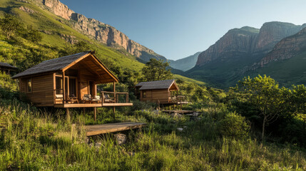 Obraz premium A luxury nature lodge nestled in a scenic mountain landscape, with wooden cabins and outdoor terraces offering breathtaking views of the wilderness