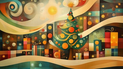 Geometric abstract christmas scene with tree and gifts for holiday cards