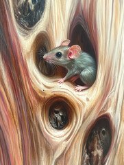 Cute Mouse Peeking Out of a Hollow Tree with Natural Textures
