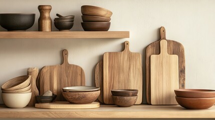 Wooden Bowls and Cutting Boards on a Kitchen Shelf