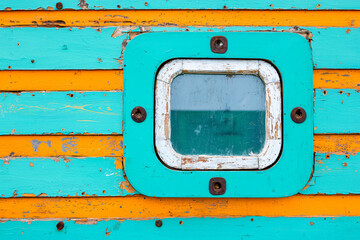 salvaged ship window on reclaimed timber wall, authentic aging