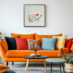 Stylish sofa setup with bold cushions and fresh flowers, creating a cheerful and inviting atmosphere. Mock up poster frame.
