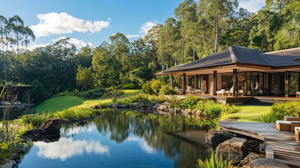 Fototapeta premium A serene beauty retreat set in a lush, natural landscape, with clients enjoying facials and spa treatments, surrounded by tranquility