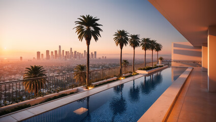 Fototapeta premium Modern infinity pool overlooking los angeles at sunset