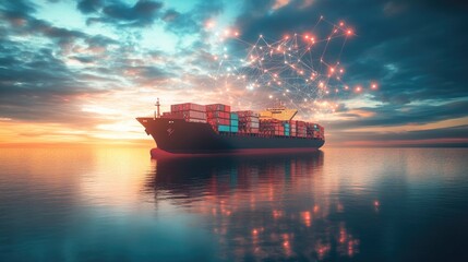 Fototapeta premium Container ship at sea with digital network links, digital trade network connection concept, global shipping industry, Beautiful Network