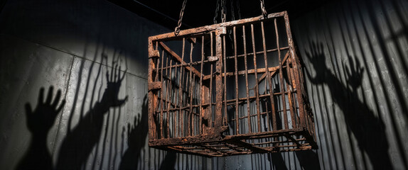 Shadowy figures reaching for rusty cage hanging from ceiling in dark room