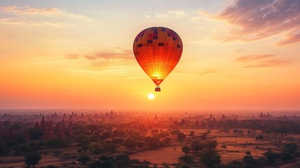 Obraz premium Close-up of a hot air balloon rising over the temples of Bagan, Myanmar, at dawn.