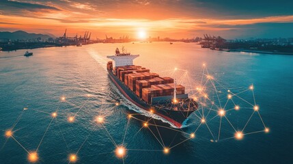 Obraz premium Container ship at sea with digital network links, digital trade network connection concept, global shipping industry, Beautiful Network