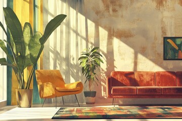 Obraz premium Mid-Century Modern Interior: Minimalist Room with Colourful Retro Furniture and Plants