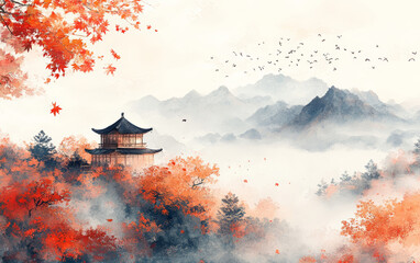 Naklejka premium Traditional Chinese style of minimalist landscape painting art background 