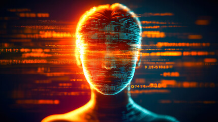 A face composed of digital code and glowing patterns represents technological advancement and the blending of human and AI.