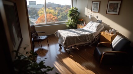 Gemütliches Krankenhauszimmer mit Blick auf die Herbstlandschaft für das Gesundheitswesen