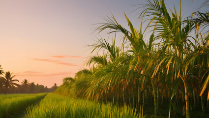 A vibrant sugar cane field during sunset, with tall green stalks swaying in the breeze. 