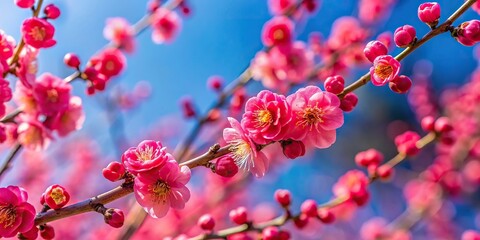 Red plum blossoms blooming against a blue sky background