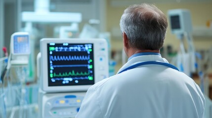 Doctor looking at vital signs monitor, modern healthcare technology, digital medical solutions, back view