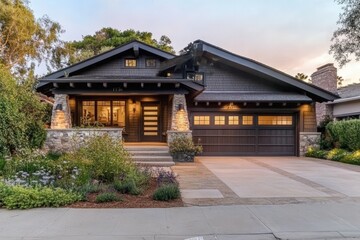 Obraz premium Modern Craftsman Style Home Exterior. Front View of House with Garage and Driveway