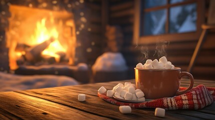 Cup of cocoa with marshmallows on a wooden table, cozy fireplace casting a warm glow in a scene of peaceful winter retreat.