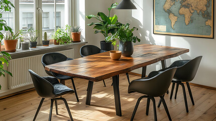 Wooden Table with Black Chairs and Plants in a Bright Room