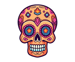 Sugar skull with flowers. Day of the Dead holiday decoration. Cartoon illustration.