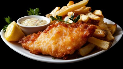 Klassisches britisches Fish and Chips mit Tartarsauce und Zitronengarnitur f&uuml;r den kulinarischen Hochgenuss