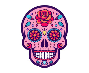 Sugar skull with flowers. Day of the Dead holiday decoration. Cartoon illustration.