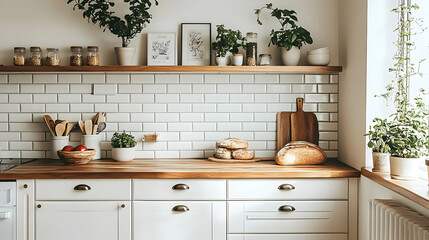White Kitchen Design with Wooden Countertop and Farmhouse Sink